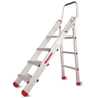 Schody aluminiowe z platformą roboczą – 4 stopnie, wysokość robocza 2,94 m, z poręczami, platforma 40x40 cm